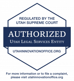 Blue six-sided badge with the words: REgulated by the Utah Supreme Court, AUTHORIZED Utah Legal Services Entity, utahinnovationoffice.org